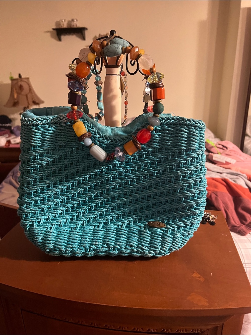 Cappelli Straworld Turquoise Woven Tote with Colorful Beaded Handles